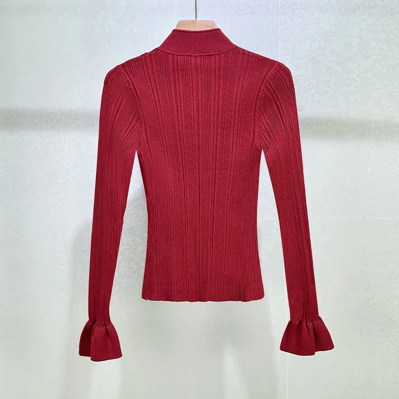 【هدية مجانية】 بلوزة نسائية عصرية فرنسية رفيعة قابلة للتمدد باللون الأحمر + طقم تنورة ضيقة مكون من قطعتين لخريف 2025 #3