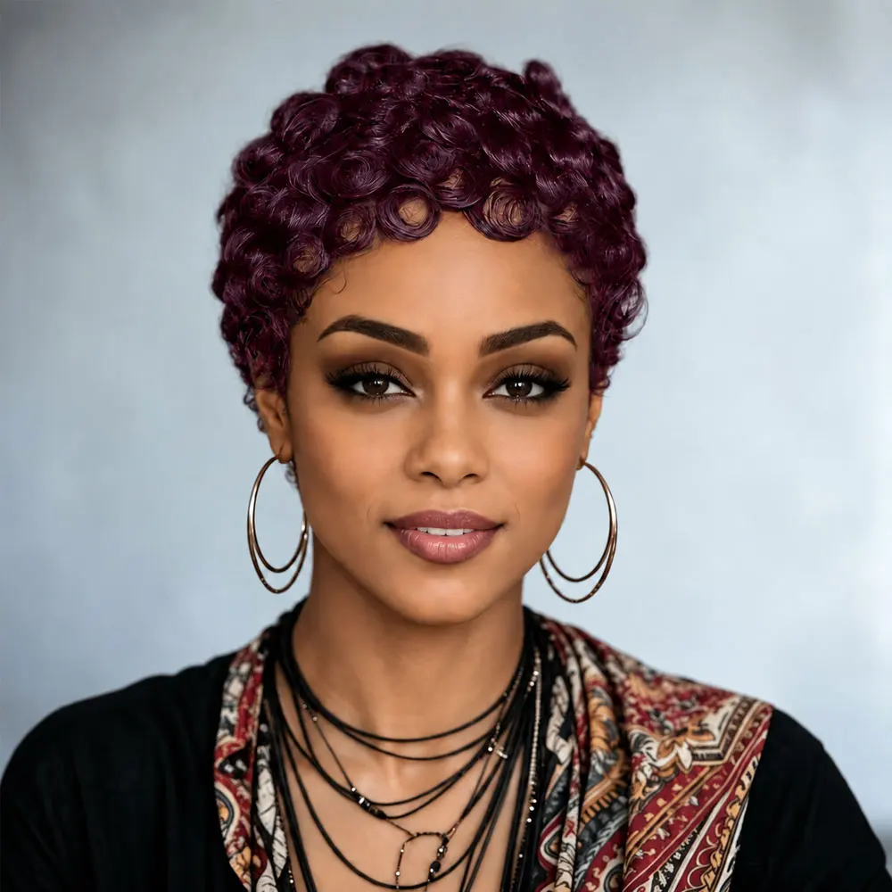 Brazilian Remy Human Hair Wig - 4-Inch Pixie Cut with Bangs, Natural Curly Wave, 200% Density Basic Hairstyle, Full Machine Made