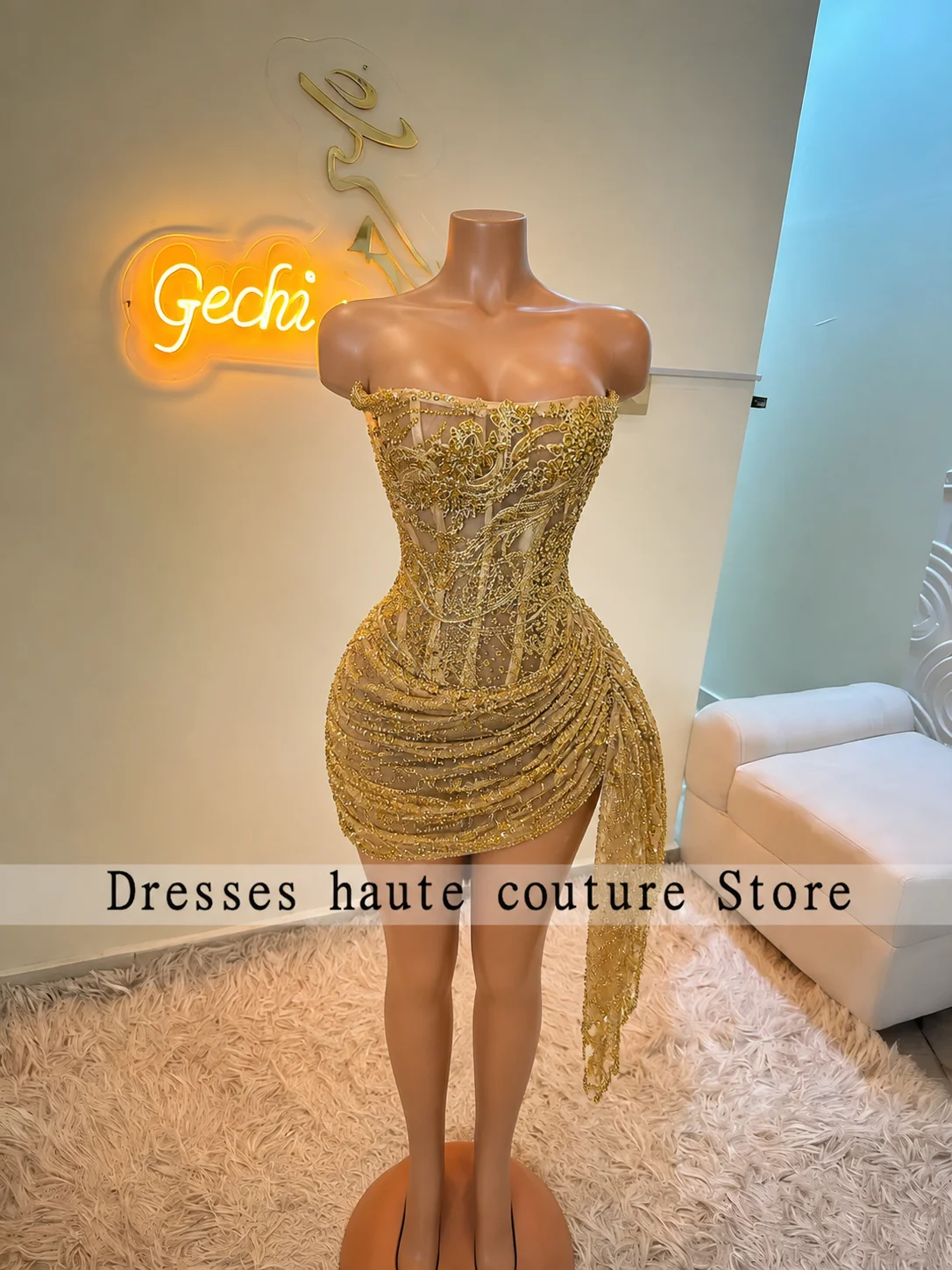 New Customized Shiny Gold Luxury Mini Short Prom Dresses With Glove For Black Girl Sparkly Party Gown Mini Cocktail Robe De Bal - view 3
