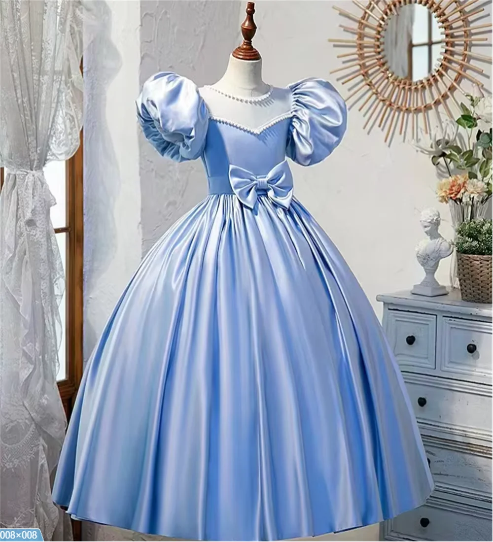 

Blue Cinderella kid Birthday Party Dresses Kid Elegant Satin Puffy Princess Ball Gowns Puff Sleeve Custom Bow