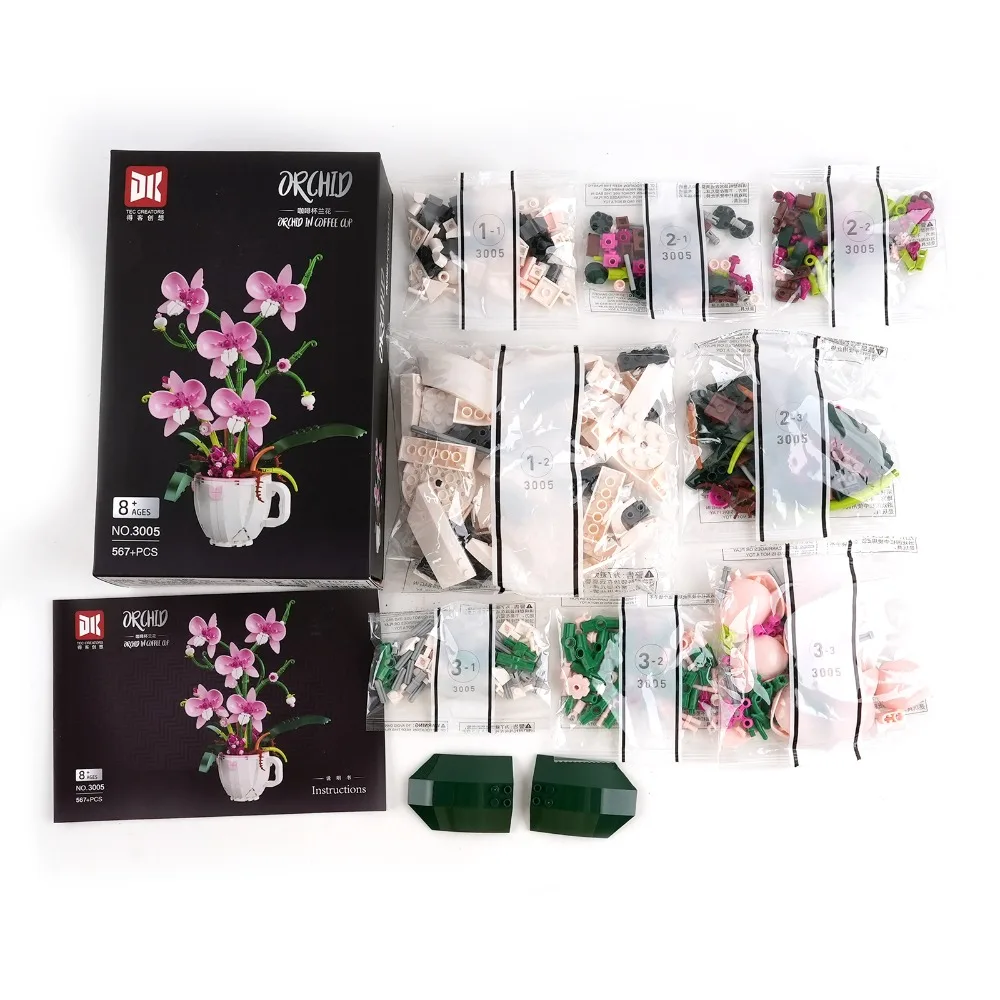MOC ピンクの蘭の花束ビルディングブロックキット DIY 盆栽植物モデル ロマンチックな家の装飾 大人やティーン向けのクリエイティブギフト