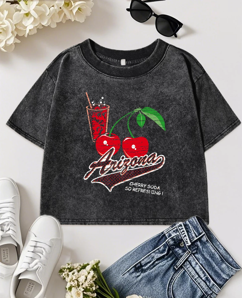 

Женские потертые футболки с принтом Cherry Iced Drinks Y2K, хлопковые топы с круглым вырезом, модная тонкая футболка, повседневная летняя женская спортивная одежда