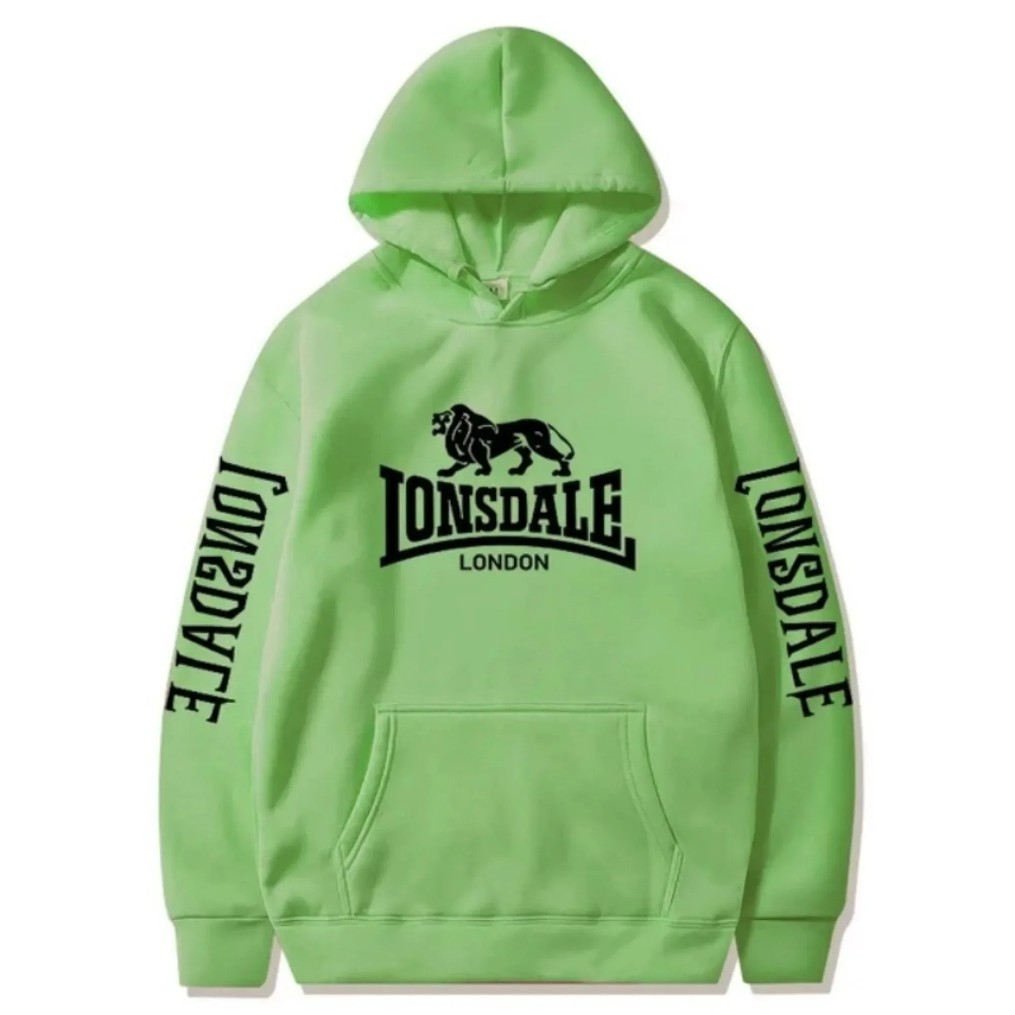 Lonsdale London Street Style Hoodie Retro Lion Logo Chest & Double Sleeve Text Graphic Kangaroo Pocket Loose Fit Daily Pullover