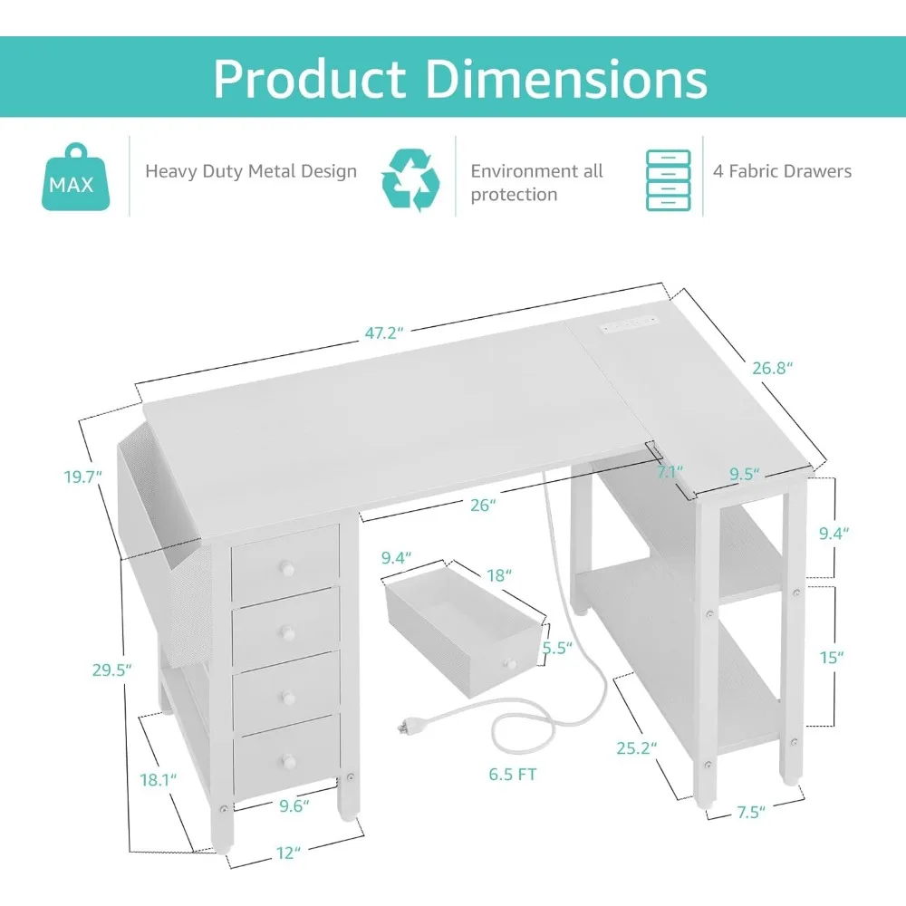 White L Shaped Computer Desk with Drawers & Storage Shelves, 47 Inch Corner Desk with Power Outlet for Home Office Bedro