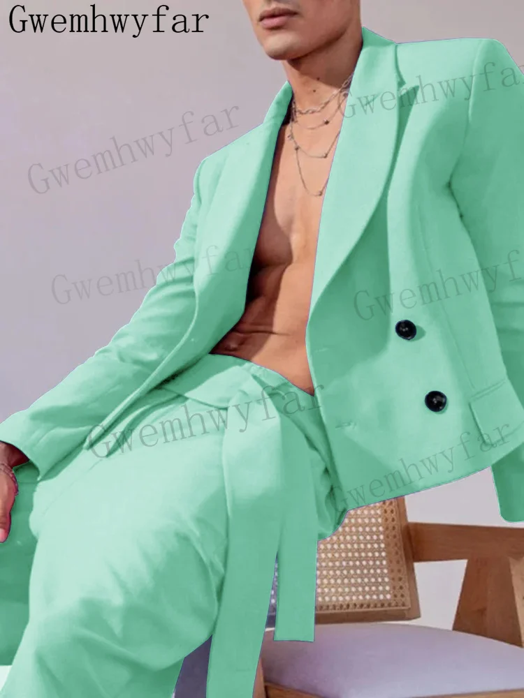 

Gwenhwyfar Mint Green Men Suit Peaked Lapel Groom Tuxedos Wedding Suits For Man Costume Homme (Short Blazer+Pants+Belt)
