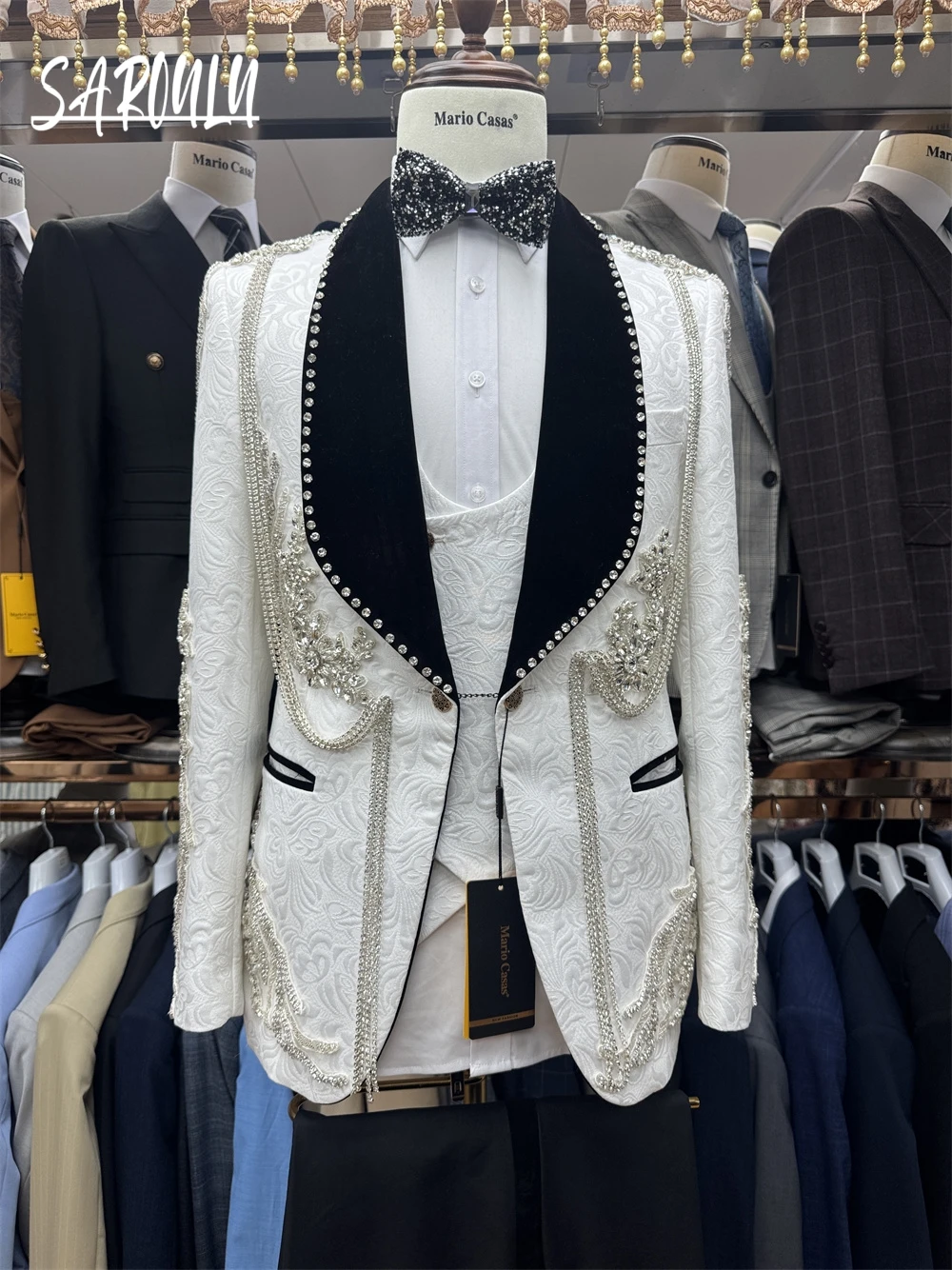 

White Men Suits Set 2 Pieces Blazer+Black Pants Trousers Luxury Crystals Wedding Tuxedos Jacket Formal Office Cotton Male Coat