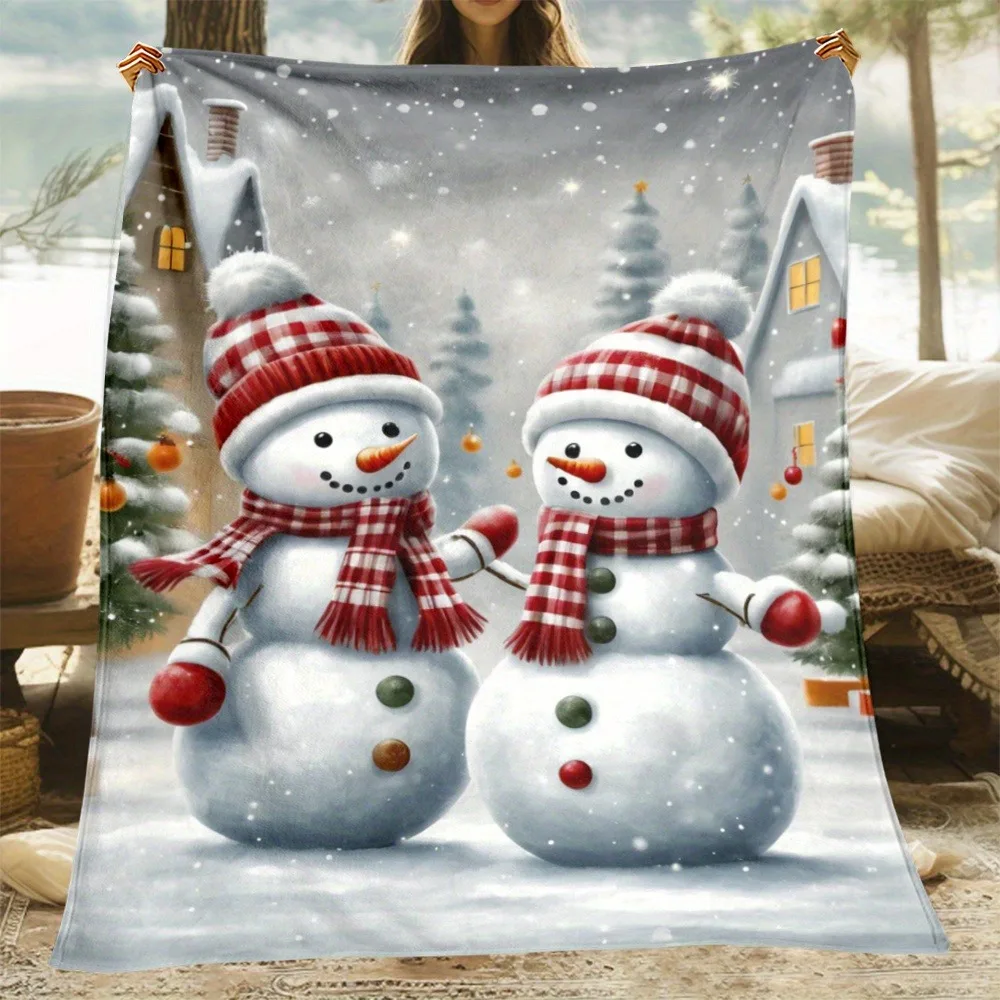1pc Snowmen Print Winter Fluffy Blanket ,Sofa, bed, travel, lunch break, flannel blanket.
