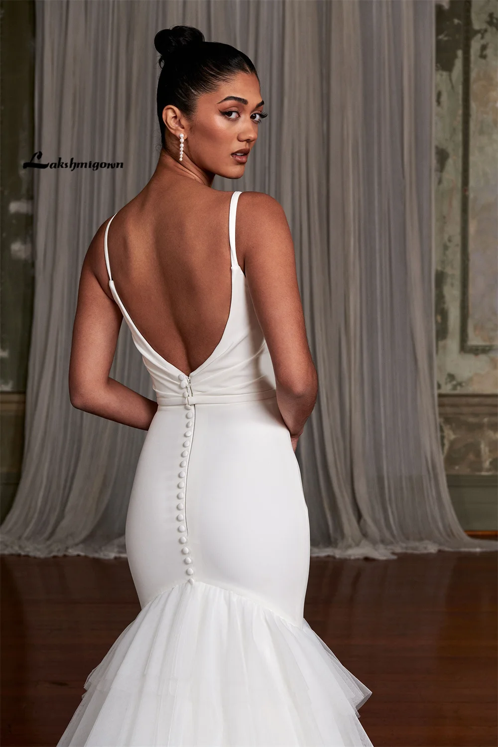 Royce Classic Spaghetti Strap Backless Pleat Mermaid Wedding Dress Sleeveless High Slit Floor Length Sweep Train Bride Gown