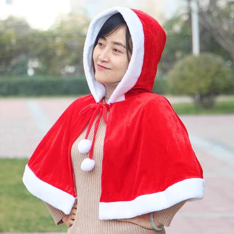 Christmas Adults Kids Cloak Soft Hooded Cape with Plush Balls Lace-Up Hooded Cloak Role Play Party Costumes