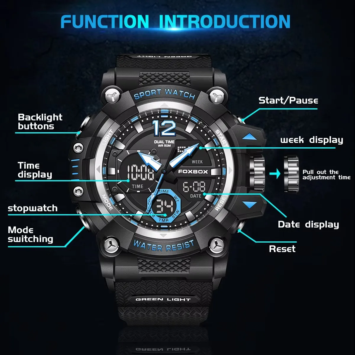 LIGE FOXBOX Electronic Watch Fashion Casual Sport Dual Digital Display Stopwatch Waterproof Week Alarm Date Quartz Men\'s Watches