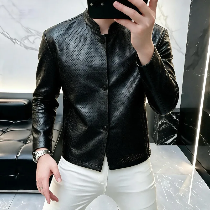 High-quality PU Leather Jacket for Men Slim Fit Stand Up Collar Casual Business Jackets Versatile Daily Use Motorcycle Jacket