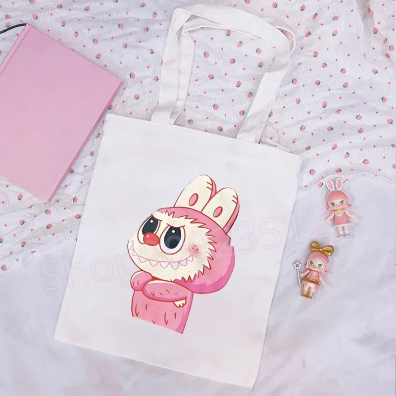 Cute Doll Fashion Canvas Labubu Bag Women Girls Simple Large Capacity Handbag Shoulder Bags Tote Reusable Student Bookbag