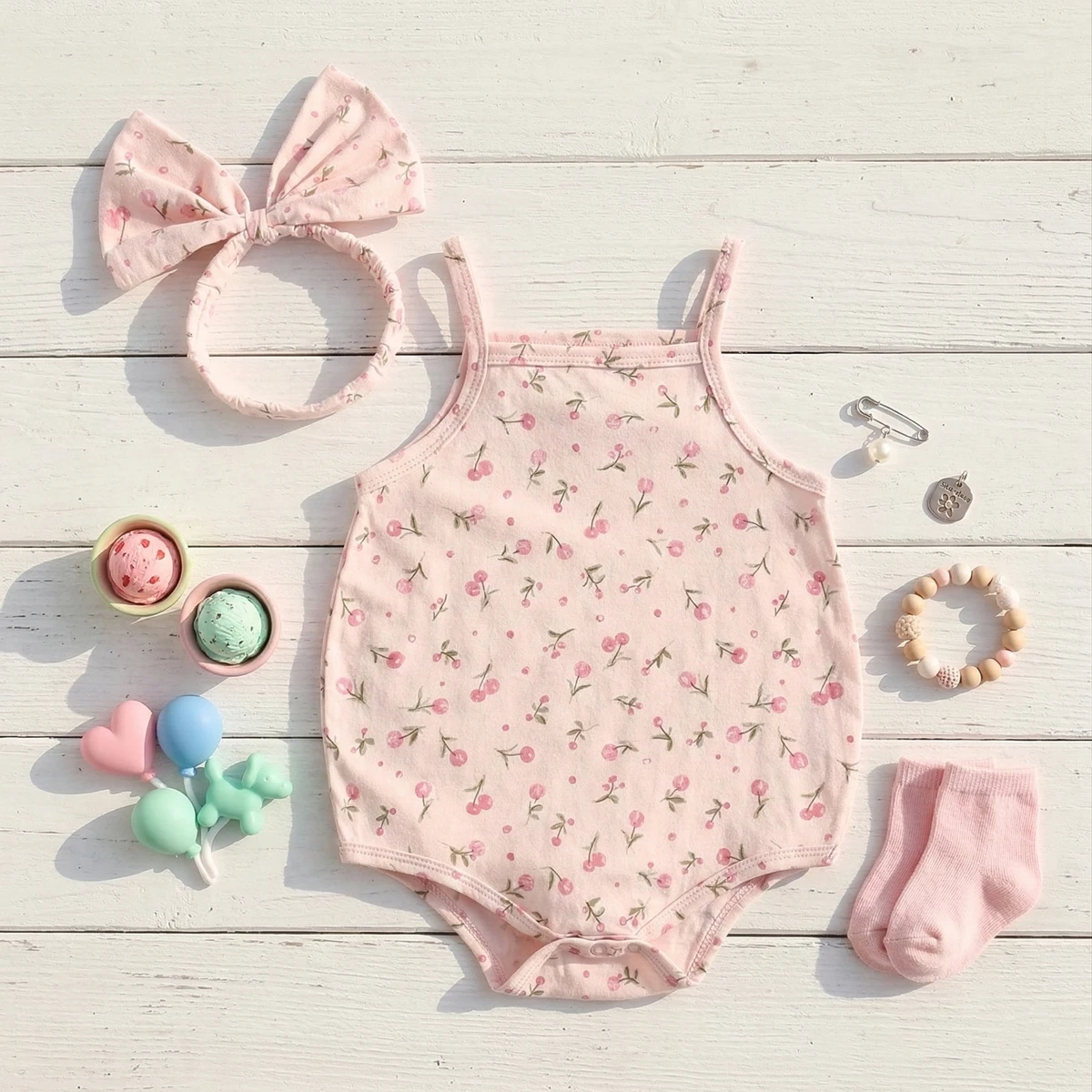 Baby Girls Summer Cute Bodyuits Lovely Pink Toddler Girls Onesies with Headband