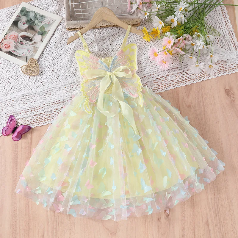 Fashion Girls Ribbon Butterfly Dress 2024 Summer Children Wings Mesh Dress Toddler Kid Sling Princess Dress