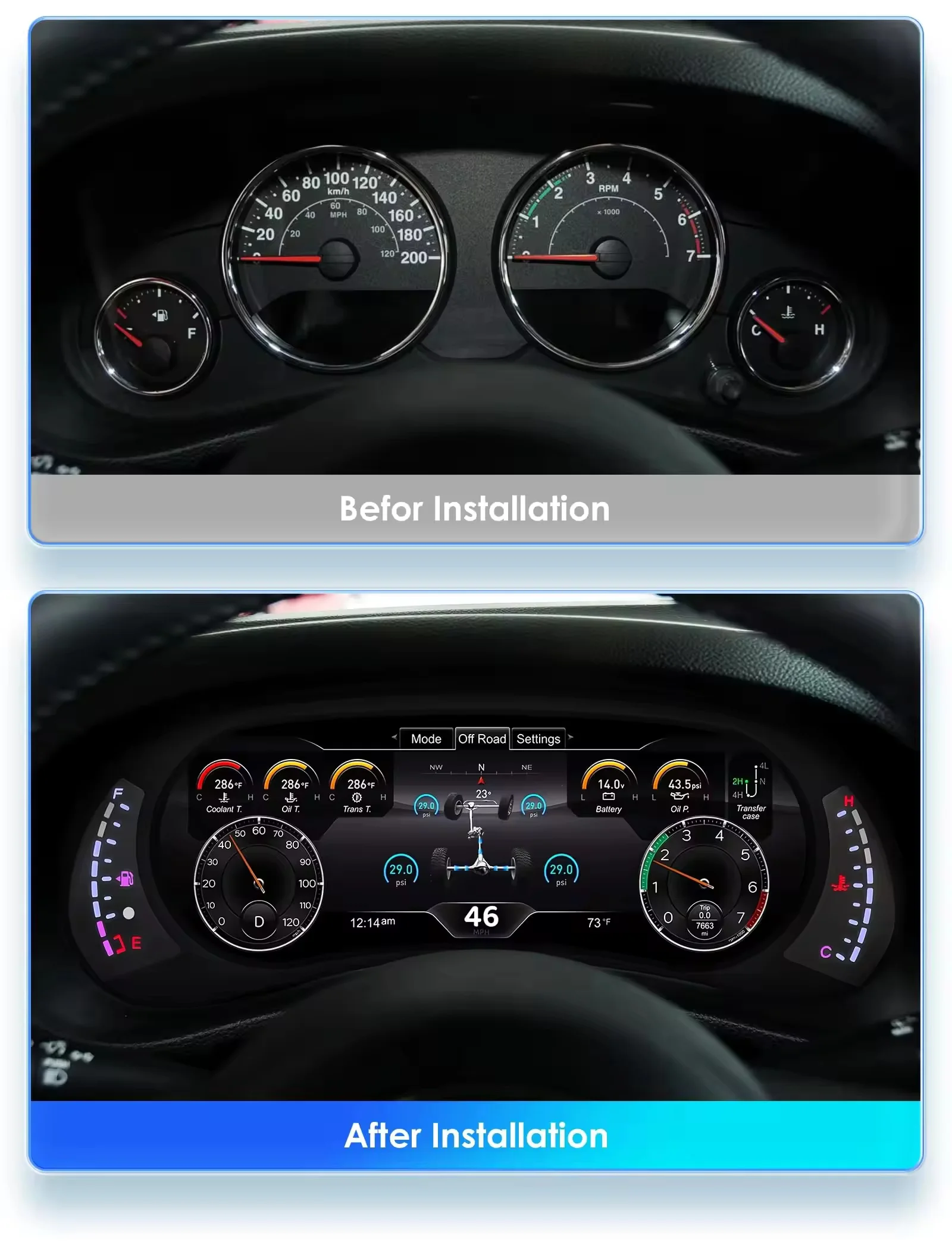 Car Dashboard 12.3 Inch For Jeep Wrangler JK 2011-2017 Digital Instrument Cluster Speedometer HD1920*720 Cockpit Odometer Player