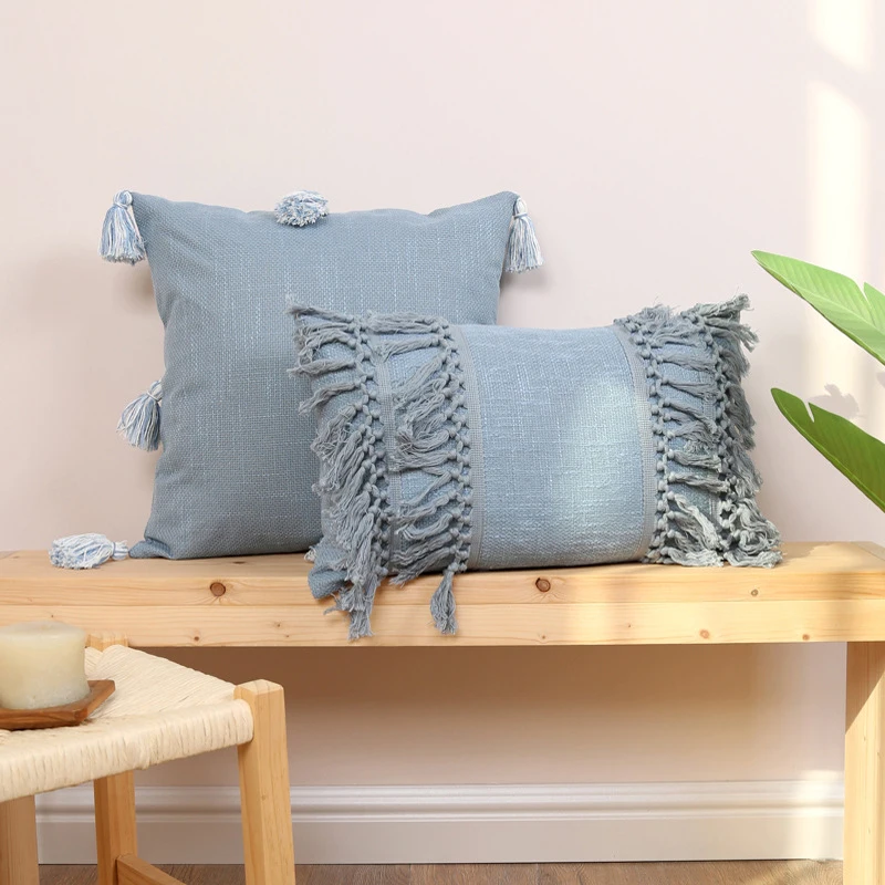Solid Color Cotton and Linen Tassel Cushion Cover Retro Pink Blue Beige Fringed Pillow Covers Decorative Cushions for Sofa Home