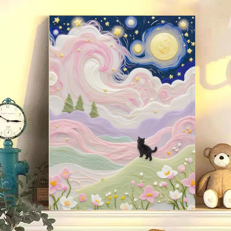 Dreamy Pink Clouds Hills Black Cat Oil Painting By Numbers Modern Wall Decor for Living Room Bedroom Perfect Gift No Frame