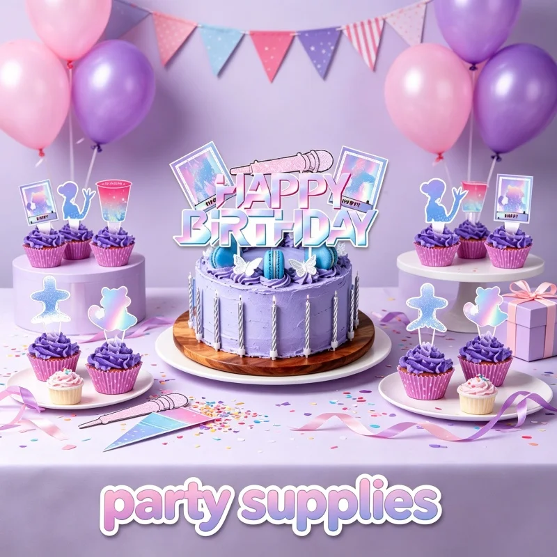 Hot Anime Movie KPOP Pink and Purple Disposable Tableware Tablecloth Napkins Birthday Party Scene Decor Cupcake Cake Flag New