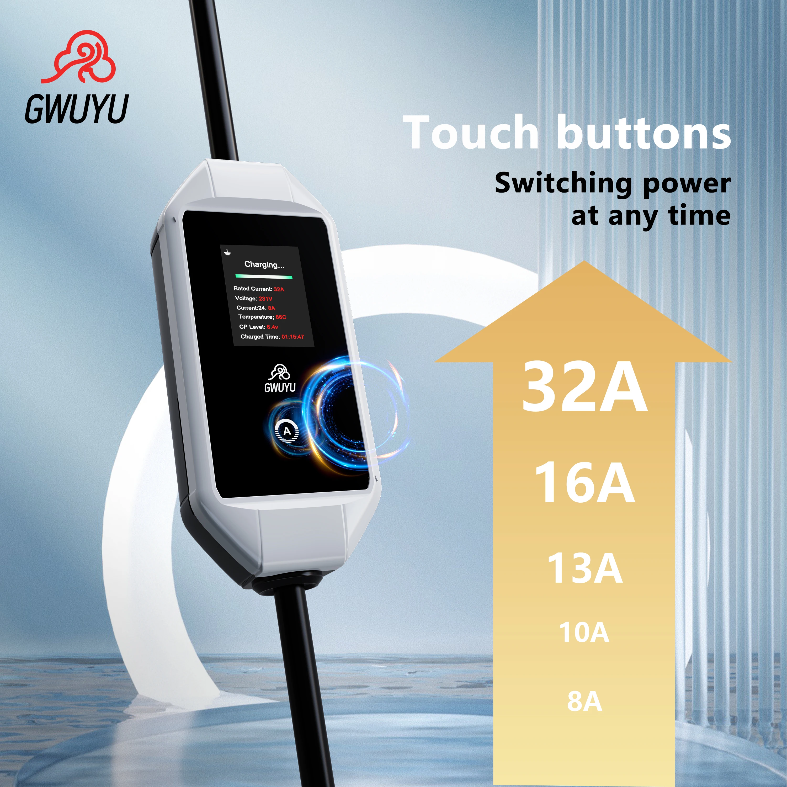 GWUYU M64-1 EVSE Car Portable Chargers 7.6KW 32A 240V Type 1 Sae J1772 Current Adjustable 5M Charging Cable Controller Wall Box