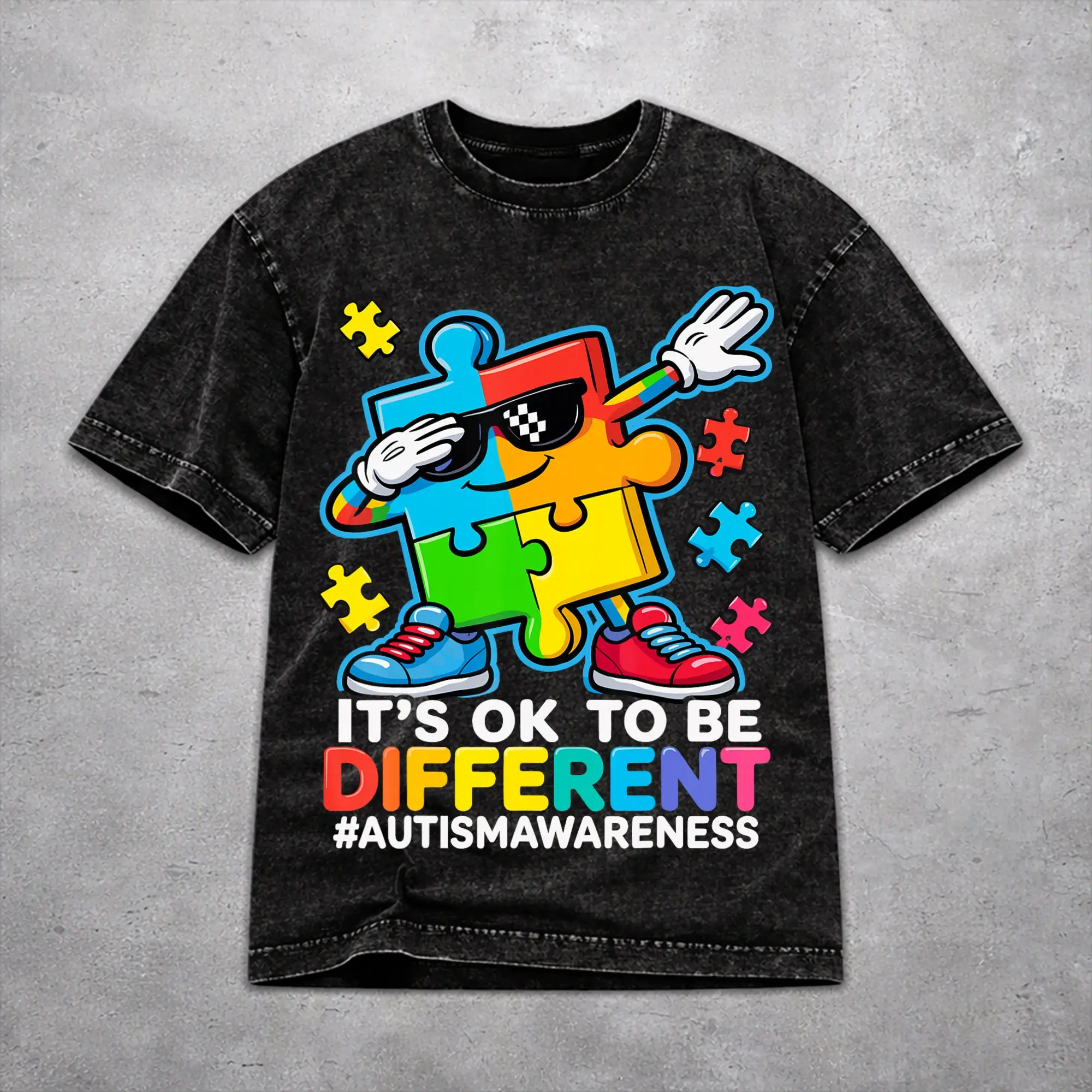 Dabbing Puzzle Autism Awareness T Shirt Washed Style For Men Women Pure Cotton Tee Shirts Clothing