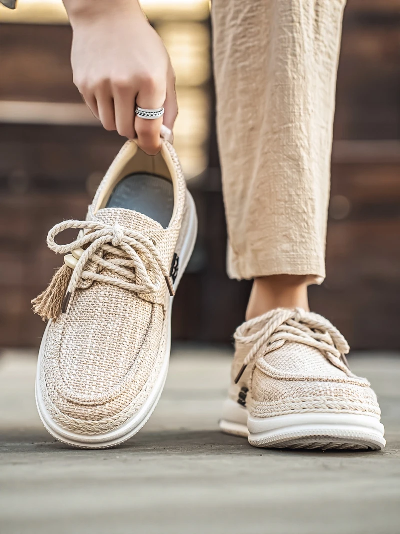 Casual Canvas Shoes for Men Autumn Trendy All-Match Leisure Woven Grass Fishing Boots Teenagers Sports Thick Bottom Lightweig...