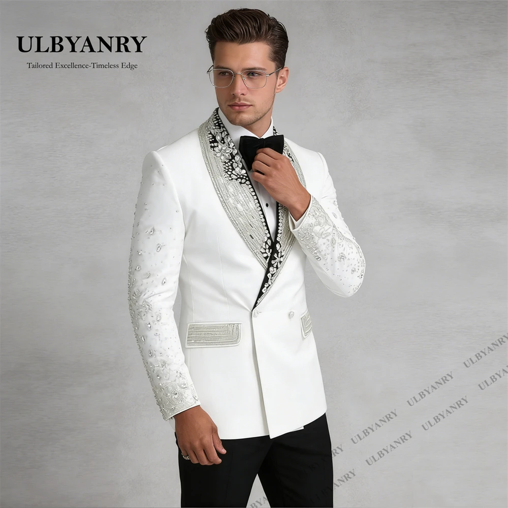 

ULBYANRY Crystals Detailing Men's 2-Piece Formal Suit from XXS to 7XL, Double Breasted Shawl Collar Blazer with Black Pants
