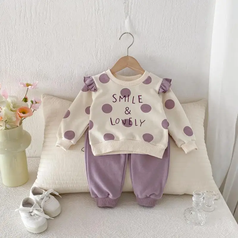 

2026 Spring New Baby Long Sleeve Clothes Set Girls Dot Letter Print Sweatshirt + Pants 2pcs Suit Toddler Cotton Casual Outfits