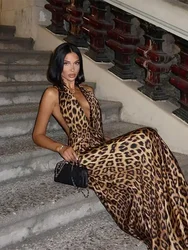 Vestido de leopardo feminino estampado com pescoço sem costas, vestido maxi plissado feminino, com renda, sem mangas, streetwear alto, moda sexy, 2024