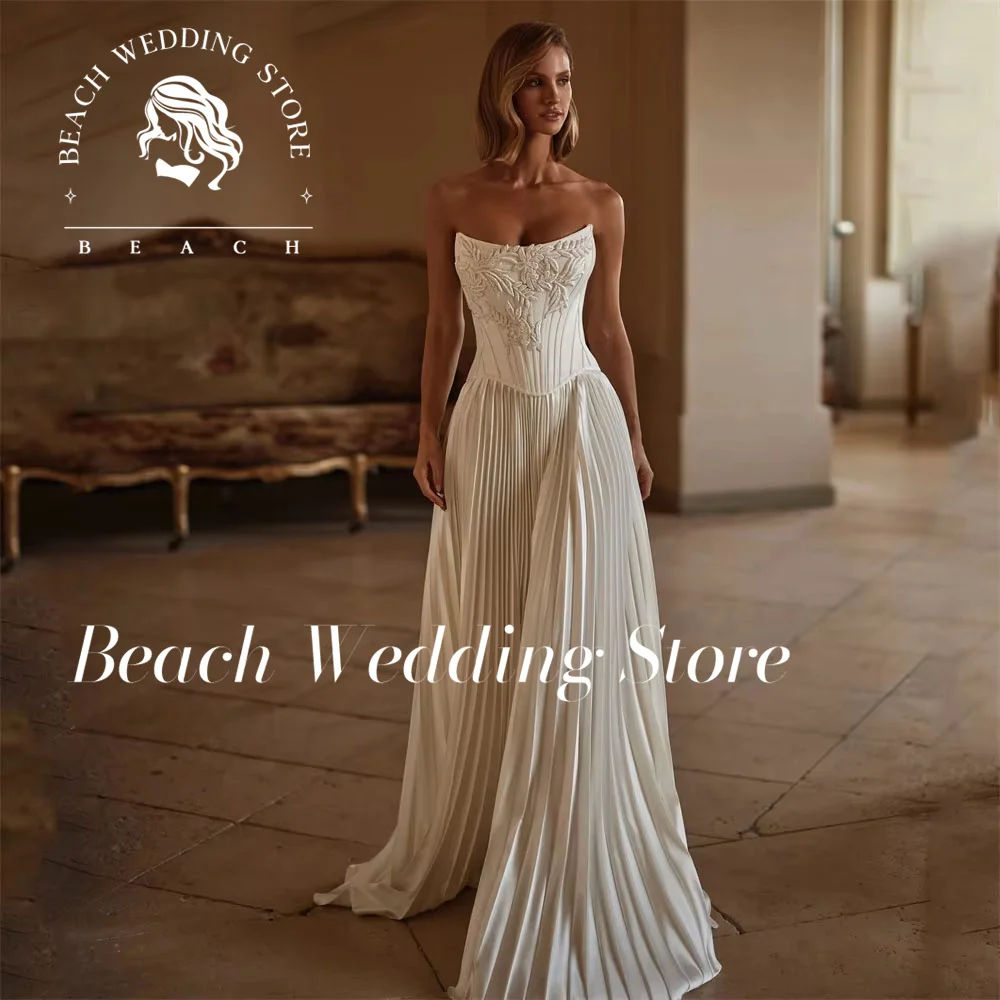 Beach Customized Modern Pleat Appliques Simple Wedding Dresses for Women 2025 Elegant A i Line Floor Length  Open Back Brida Gowns