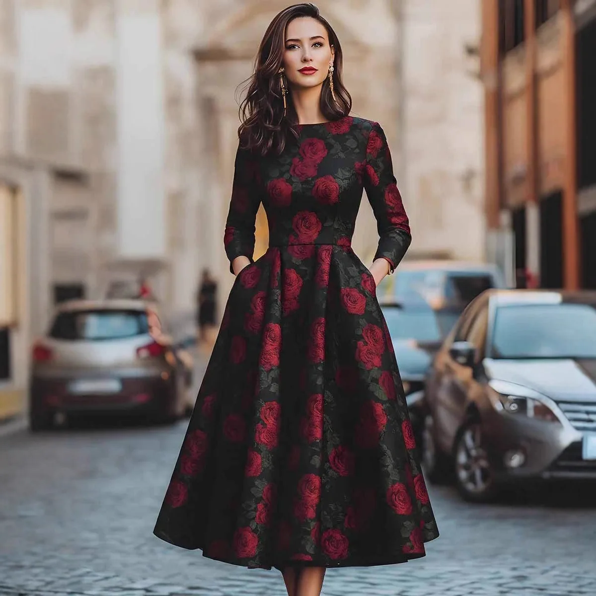 فستان أمريكي ريترو مطبوع عليه زهور للنساء أنيق للحفلات والنوادي وحفلات الزفاف على شكل حرف A فستان متوسط الطول بأكمام طويلة ورقبة دائرية #4