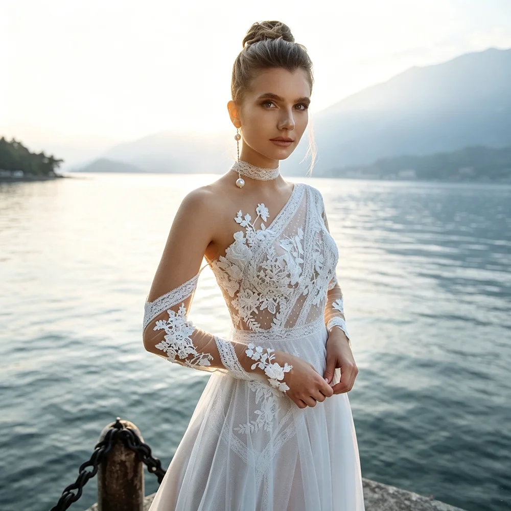 One Shoulder Long Sleeve Lace Applique Wedding Dress Illusion Back A Line Tulle Bridal Gown Train Wedding Party Robe De Mariee