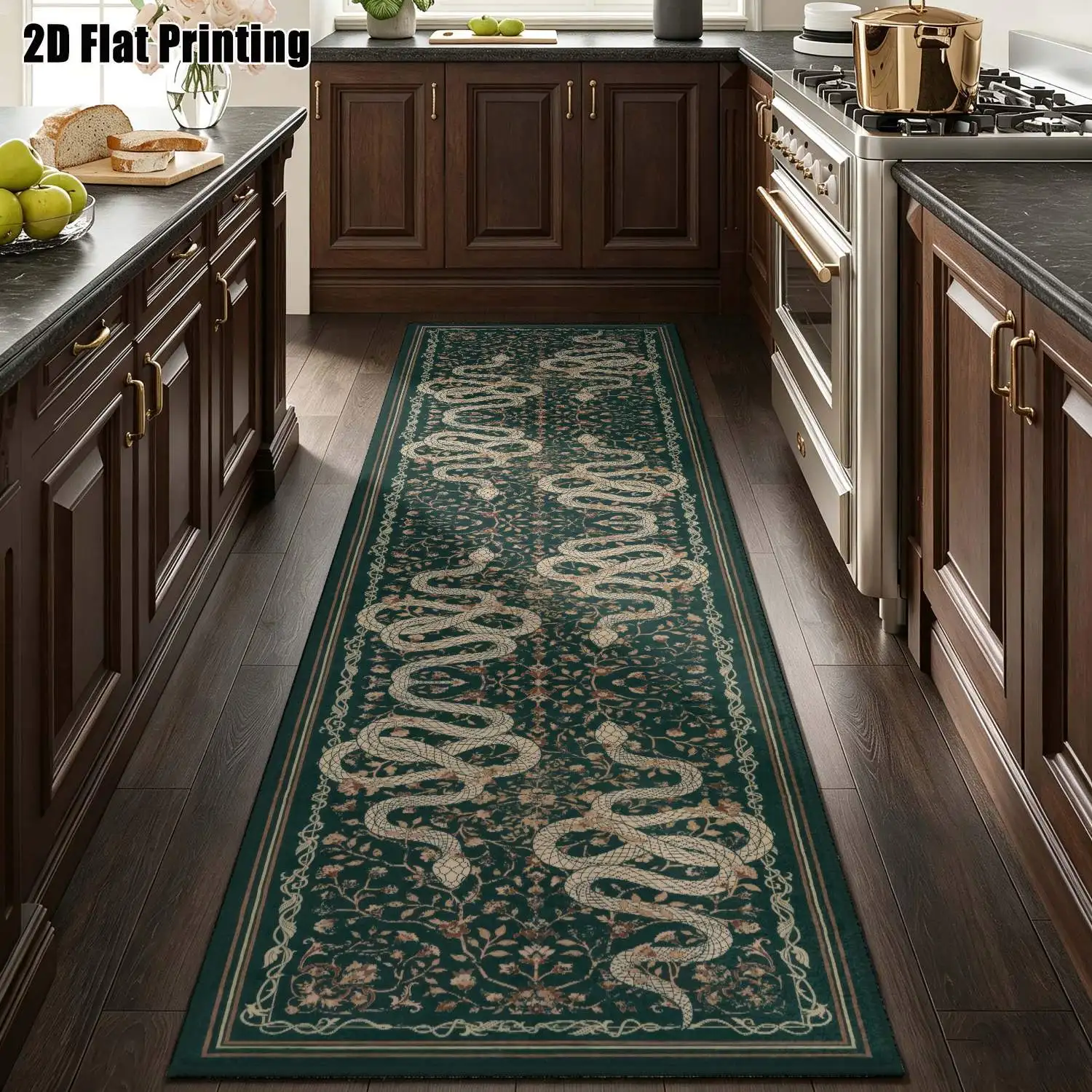 1Pc 2D Printed Dark Green Snake-Patterned Long Strip Runner Rugs: Retro, European, Bohemian, Geometric Styles, Multi-Size, Machine Washable, for Entrance, Corridor, Living Room, Bedroom Home Decor
