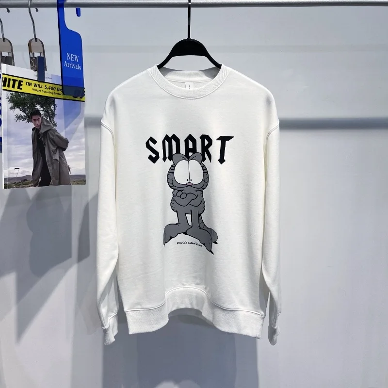 

Faionable round Ne Printed Sweatirt Youth Loose Fit White Casual Base Layer Top for Autumn Men's Streetwear