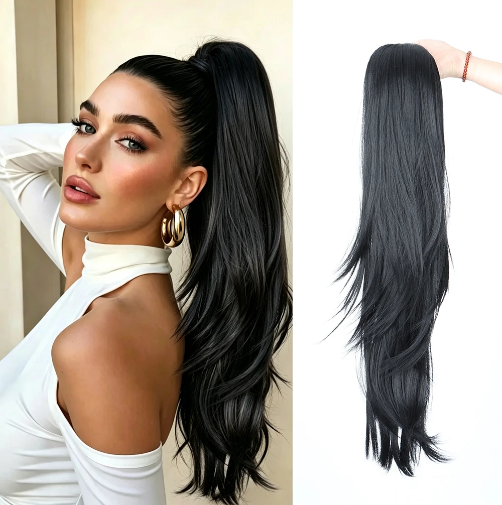 Synthetic 26Inch Layered Drawstring Ponytail Extension Long Straight Hairpiece Natural Looking Easy Wear Hair for Women