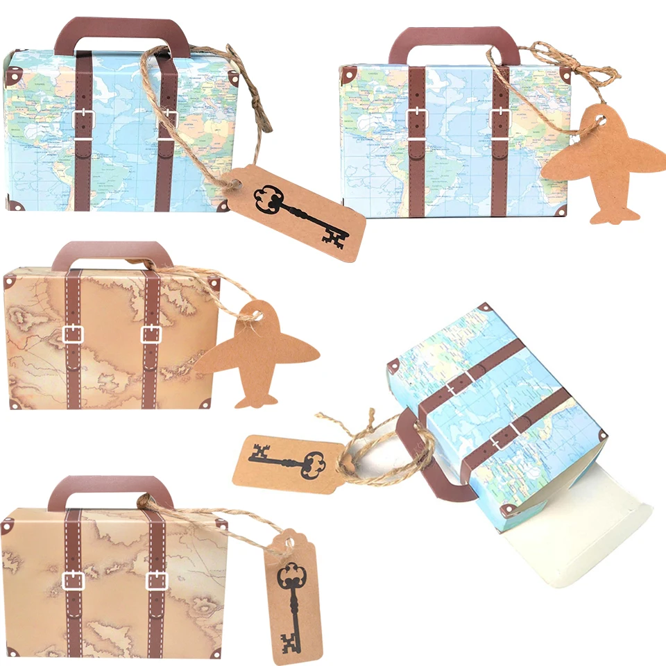 10pcs Suitcase Type Candy Vintage Creative Candy Box For Wedding Kids Boy\'s Travel Map Airplane Birthday Party Decoration Supply