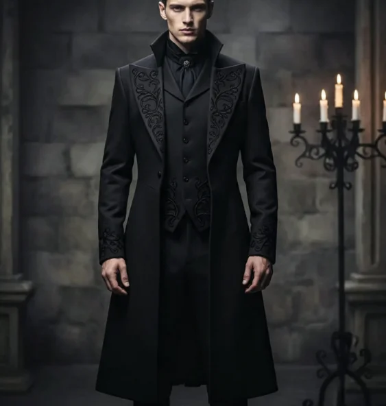 3 Pieces Men Gothic Vampire Outfit Long Stand Collar Coat Black Scroll Embroidery Matching Waistcoat And Pants Suits Customized