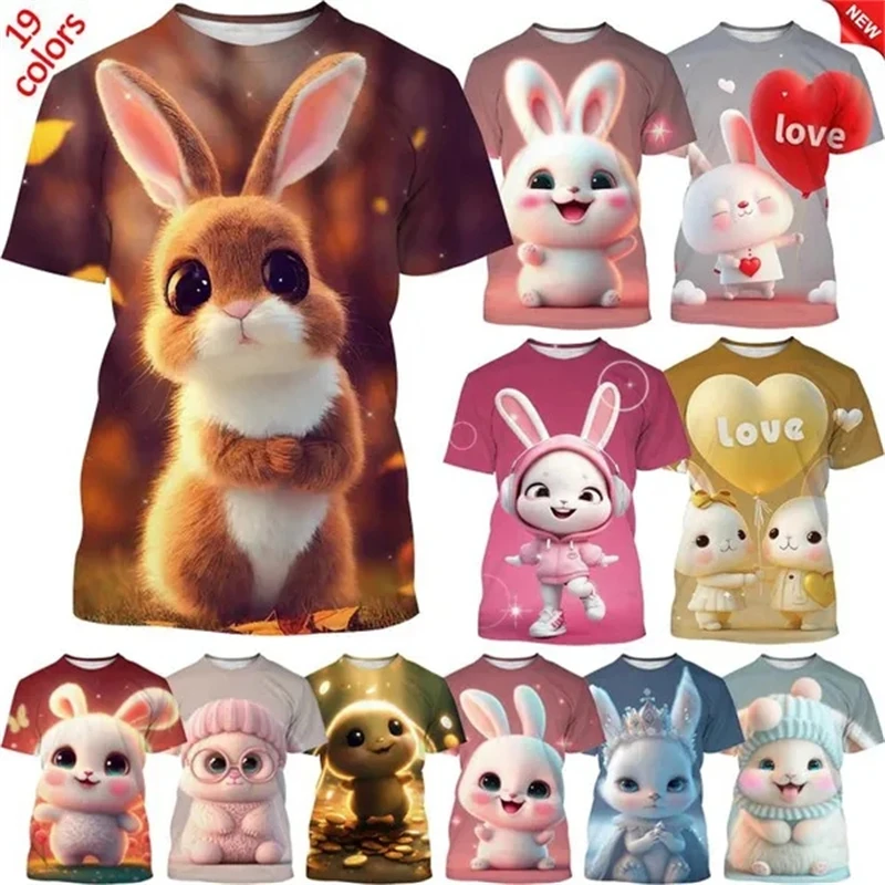 Summer Hot Sale New Rabbit 3D Printing T-Shirt Animal Round Neck Short Sleeve Fashion Unisex Casual Cute Tops Boys Girls Tees