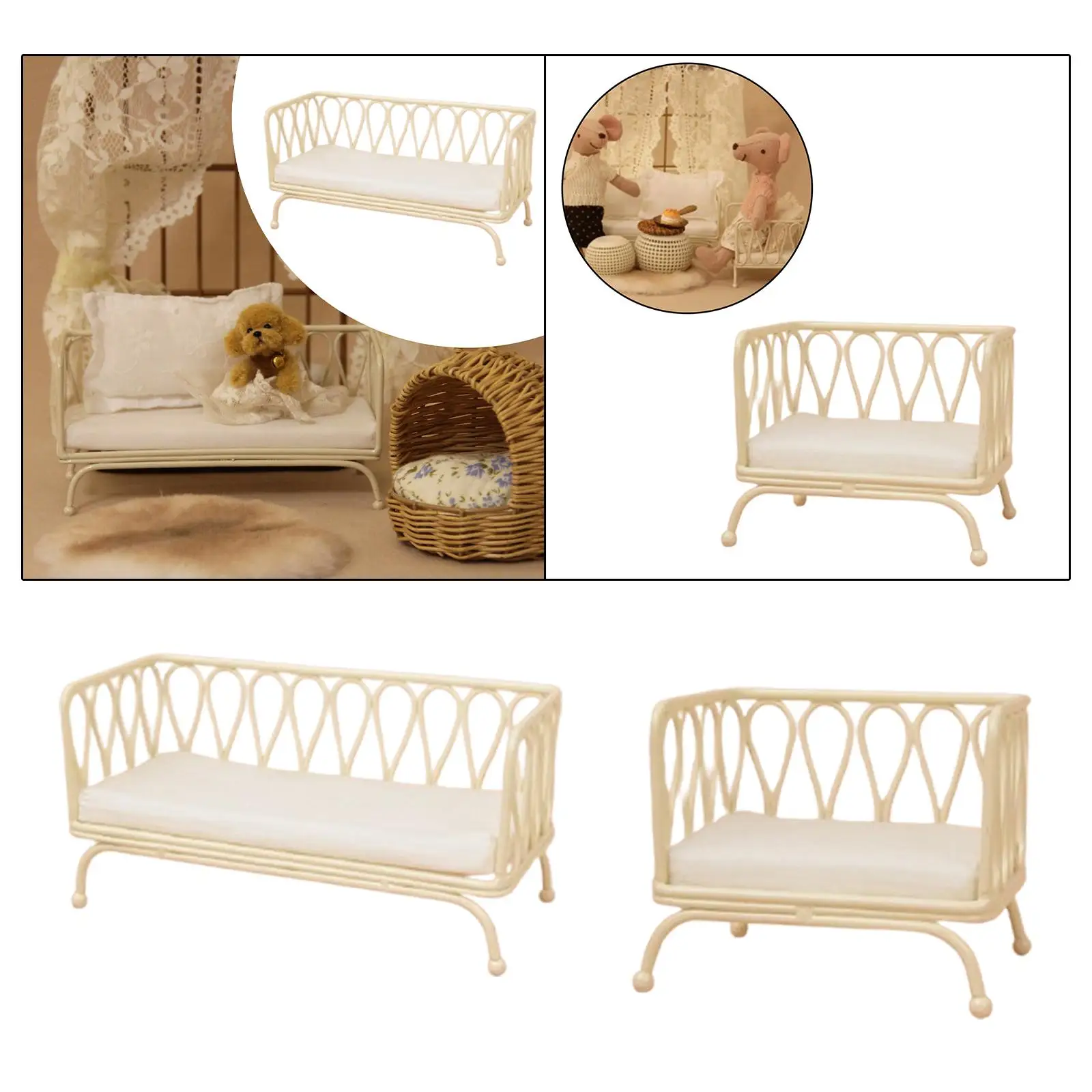 Simulação de micro paisagem de cena de vida de móveis em miniatura de sofá em escala 1/12