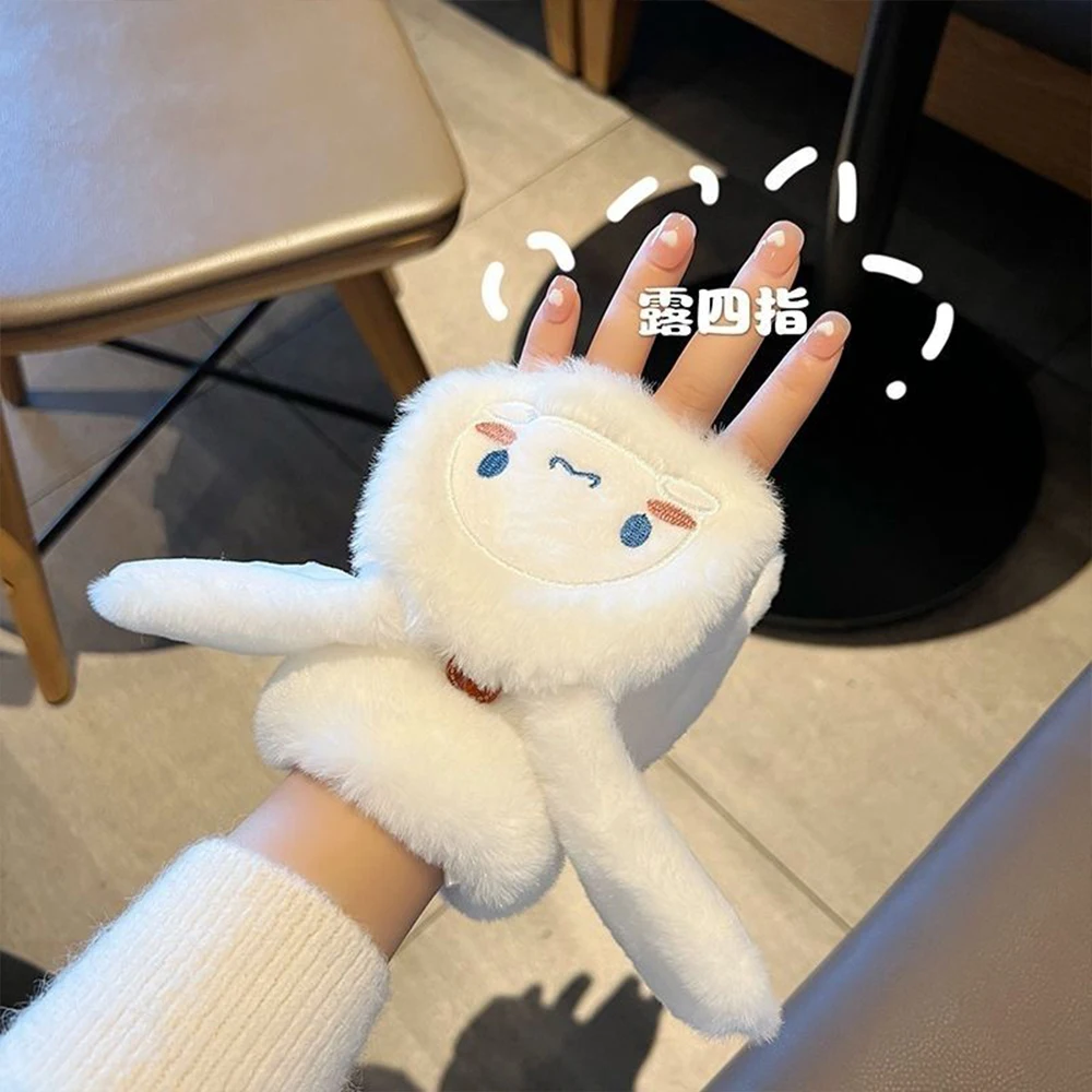 Kawaii Cinnamoroll Pluche Flip Handschoenen Sanrios Hello Kitty Winter Warm Cartoon Cartoon Half Vinger Zacht Dikker Meisje Student Gift