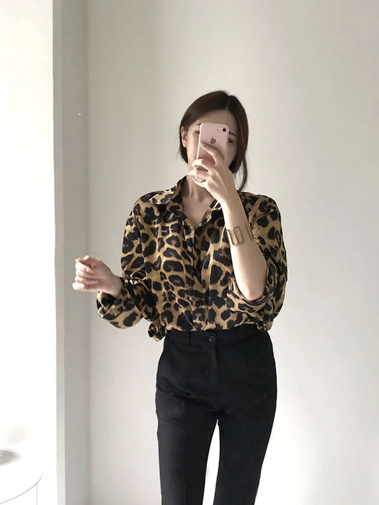 Jielur Chic Retro Leopard Print Loose Long-sleeved Women Shirt Fashion Street Casual Slim Top Female New Basic Woman Shirt