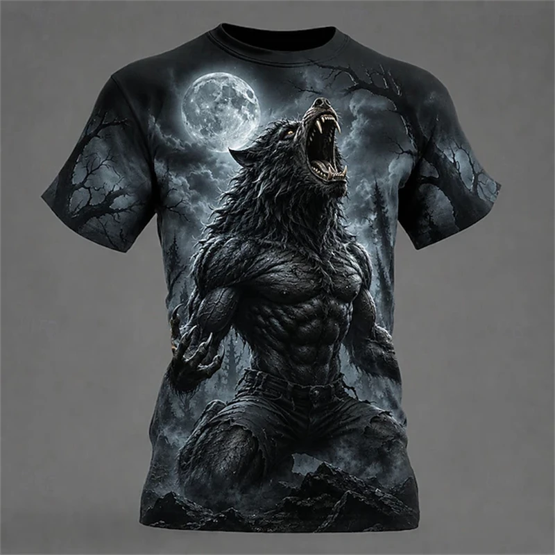 New Men's “Full Moon Night Wolf Howl” Horror-Themed 3D-Printed T-Shirt Perfect for Halloween Parties Round-Neck Short-Sleeve Top