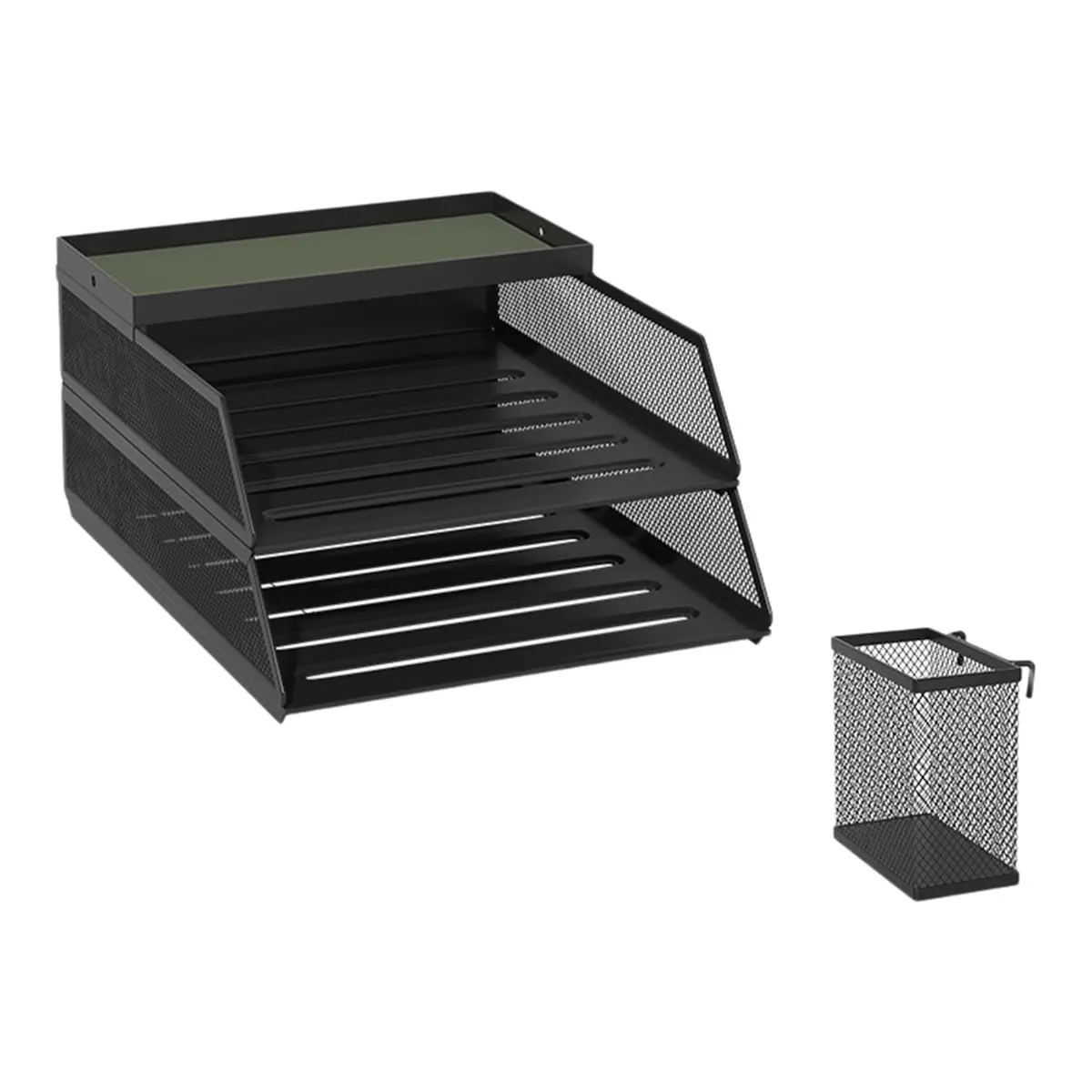 Eco-friendly Desktop File Organizer, Storage Rack with Hanging Pen Holder and Leather Padded Metal Frame. Black + Green Leather
