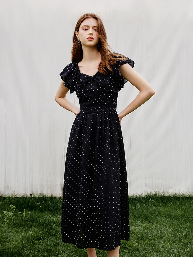 

FSLE Black Polka Dot Female Chic Long Dress 2024 Summer New Versatile Casual Romantic Black Dress For Women 24FS12919