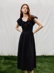 FSLE Black Polka Dot Female Chic Long Dress 2024 Summer New Versatile Casual Romantic Black Dress For Women 24FS12919