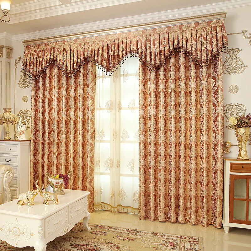 

Custom American window encryption gold silk jacquard coffee cloth blackout curtain tulle valance drape C1807