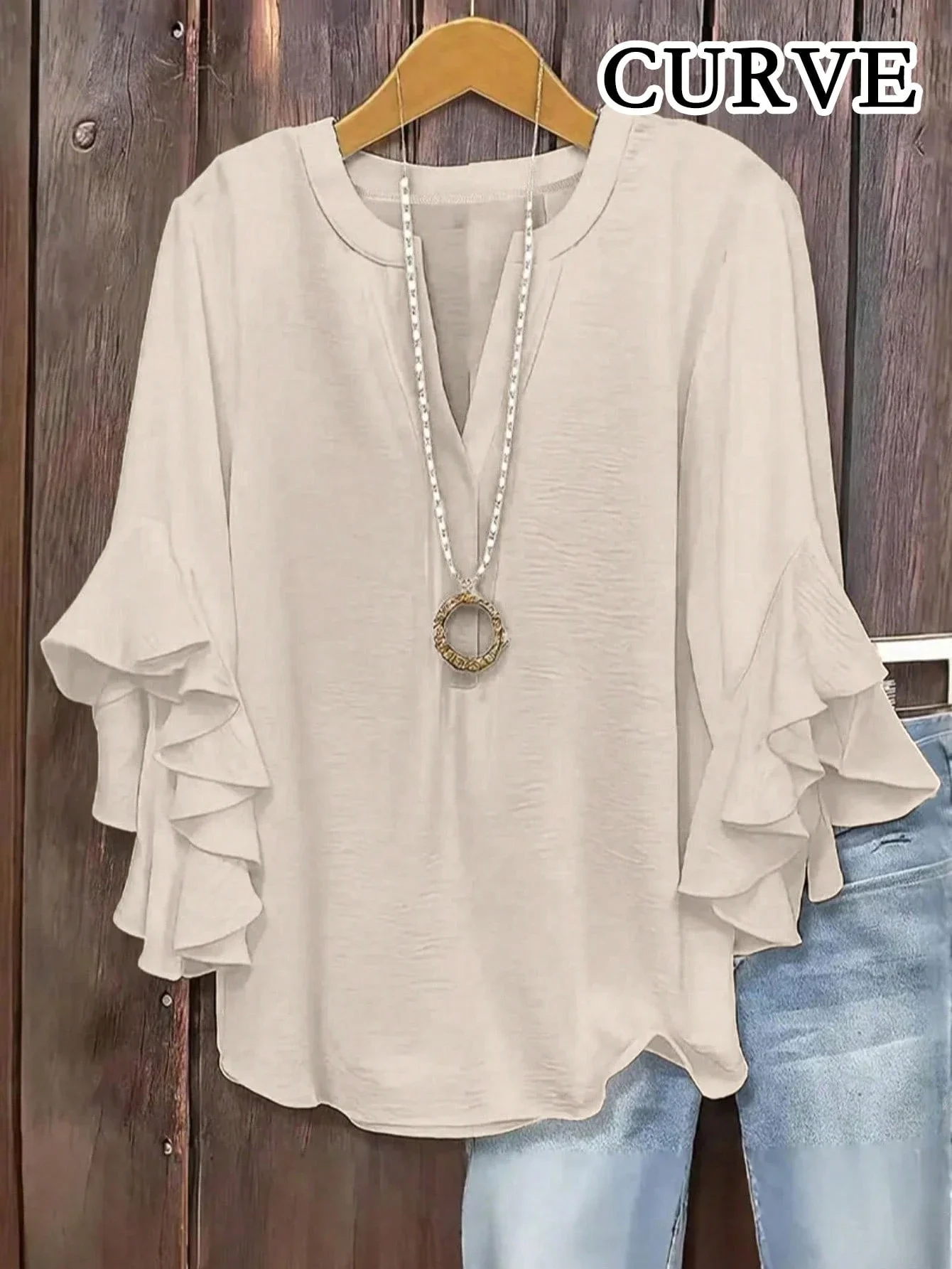 

Plus Size Women Solid Color Ruffle Sleeve V-Neck Blouse Casual Top