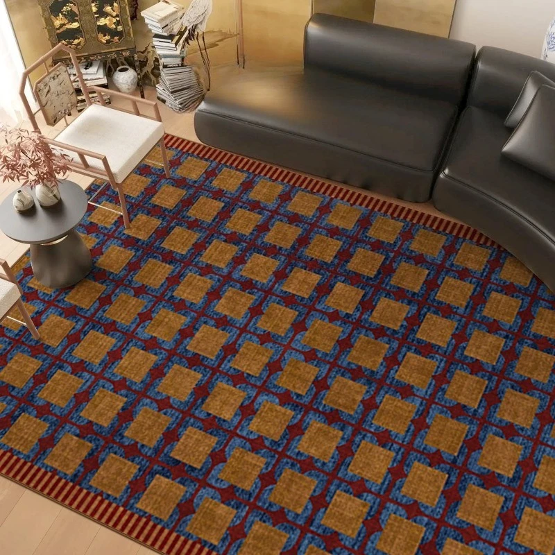 Vintage Brown Plaid Printed Living Room Carpet Dopamine Style Soft Bedroom Rug Home Decor Sofa Coffee Table Mat Tapis Alfombra
