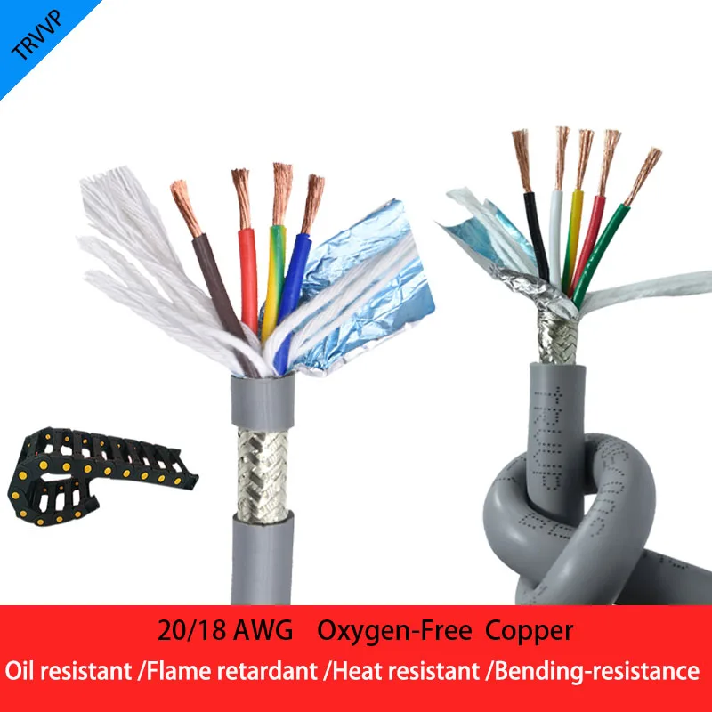 5Meters TRVVP Copper Cable 20/18 AWG 2/3/4/5/6/7/8 Cores Double Shielded Flexible Wire Gray PVC Insulated Drag Chain Cable