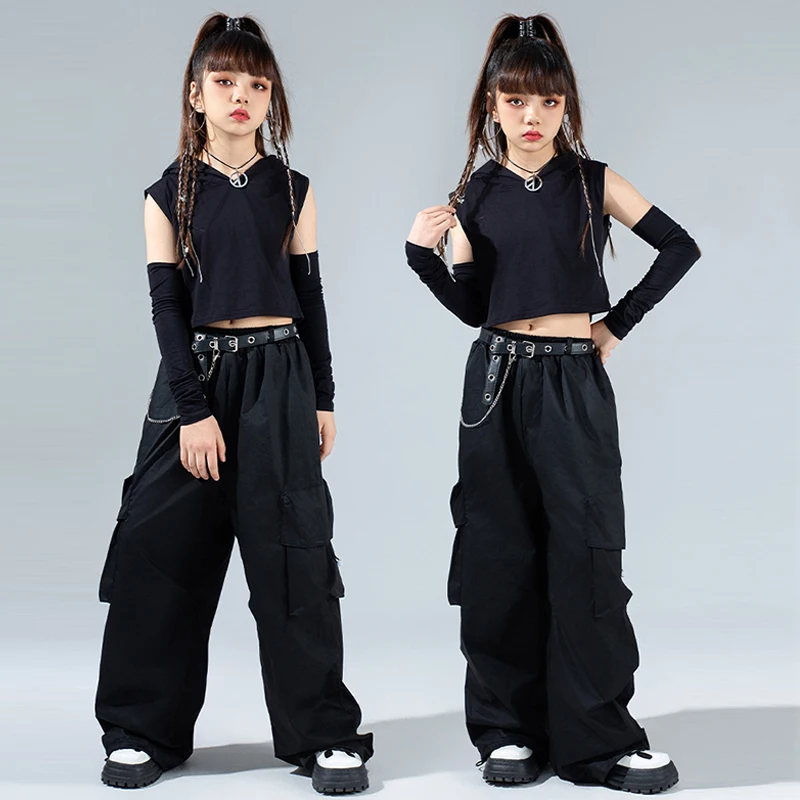 Black Cool Girls Street Dance Fanshion Clothes Kids Jazz Modern Performance Suit Hip Hop Clothing Kpop Stage Wear Summer VDL1022