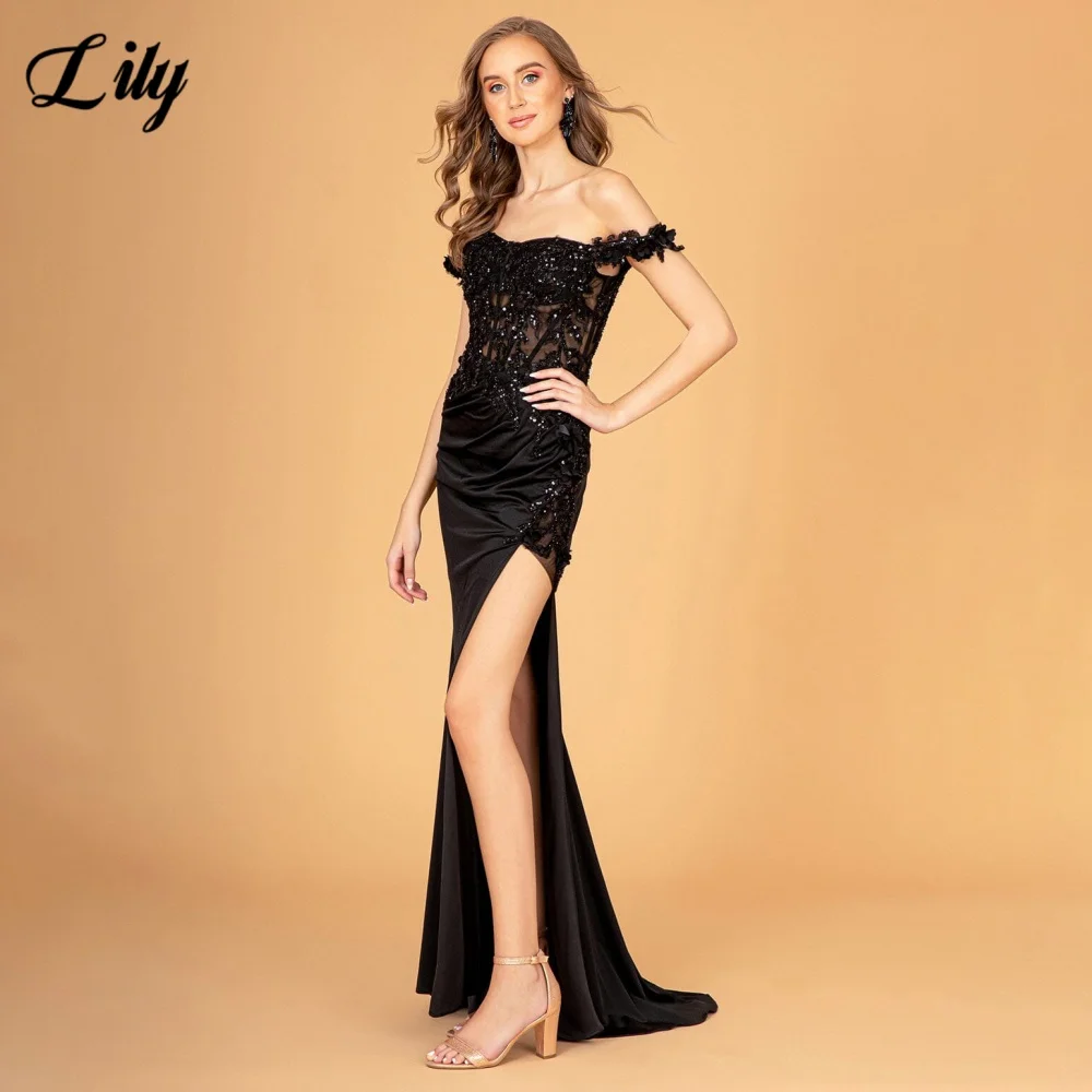 

Lily Sexy Hollow Prom Dress Sweetheart Off the Shoulder Prom Gown with Fishbone Applique Sequins Side Split Ball Gown Customized